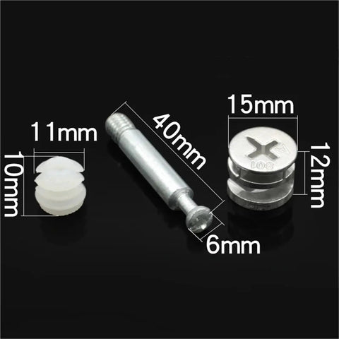 Heavy Duty 50 Piece 3 In 1 Cam Lock Furniture Hardware Kit With Thick Cam Screws Plus Eccentric Nuts displaying cam screws and nuts