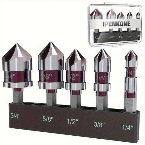 Pro Grade Countersink Drill Bit Set M35 5 Flute HSS 82 Degree Hex Shank 1/4 To 3/4 Inch For Wood And Metal, stainless finish