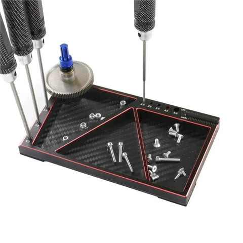 Built Different Carbon Fiber And Steel Multitask Screw Tray For Rc Crawlers Featuring Magnetic Gasket Nut Organizer Upgraded Modify Repair Tool Accessory Kit with tools and screws organized.