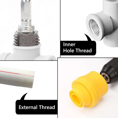 Electric Drill PVC Pipe Threader Kit With 1/2 Inch 3/4 Inch And 1 Inch Dies showing inner and external thread samples
