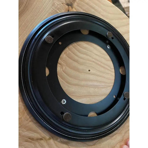 Bottom of 12 inch Ash Wood Lazy Susan with rotating base, showing construction details for Kitchen Island and Dining Table use.