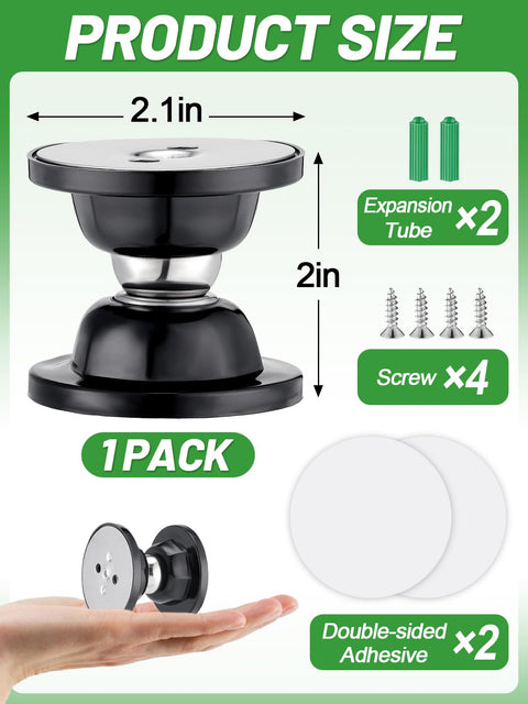 Heavy Duty Magnetic RV Door Holder for Camper and Trailer keeps doors open, includes 2.1in diameter and 2in height details, screws, adhesives.