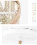 Close-up of Bohemian Wood Beaded Pendant Light With White Finish Rustic Three Light Mini Chandelier hand rope knot design
