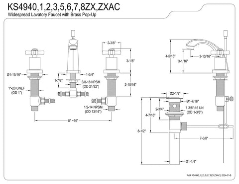 Technical blueprint of Millennium KS4941ZX Mini Widespread Lavatory Faucet with Brass Pop Up, dimensions and details labeled.
