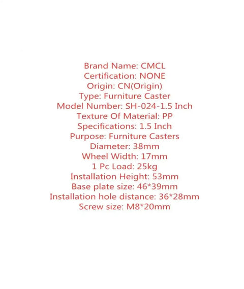 Pack Of 4 Orange 1.5 Inch Screw Casters For Furniture Wheels Silent Polypropylene Casters specifications text image