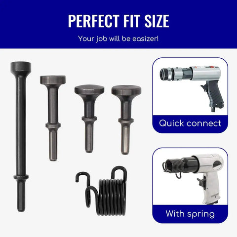 Pro Grade Smoothing Air Hammer Bits Kit - 5 Pc Pneumatic Chisel Set, 0.401 In Shank with Spring, Alloy Steel Construction