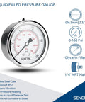 Glycerin Filled Low Pressure Gauge 0 To 100 Psi, 2.5 Inch Dial, Side View, Stainless Steel Case