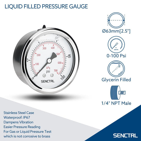 Glycerin Filled Low Pressure Gauge 0 To 100 Psi, 2.5 Inch Dial, Side View, Stainless Steel Case