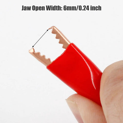 Close-up of red insulated copper gator clip with 6mm jaw, part of Insulated Copper Gator Clips 24 Pack for Electrical Testing.