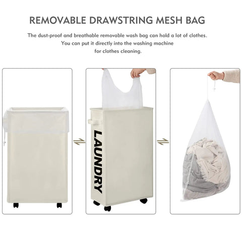 Removable mesh bag of Big Ol Extra Large 27 Inch Slim Rolling Laundry Basket On Wheels With Removable Bag Foldable Hamper With Handle