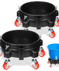 Two Pack Round Plastic Bucket Dollies With Five Quick Spin Swivel Casters For Smooth Easy Rolling Heavy Duty Mobile Base Stands No Sweat Transport For Car Washes Or Lugging Flower Pots Around The Shop In Black with a blue bucket