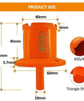 BGTEC diamond core drill bit with triangle shank, orange, 40x60 mm, front view for porcelain, marble, ceramic tile, granite.
