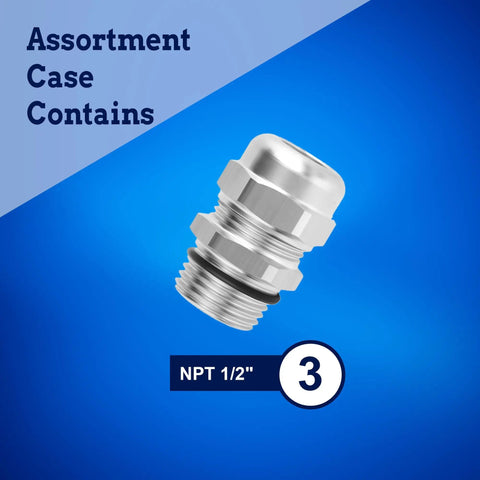 Three Pack One Half Inch NPT Stainless Steel Cable Glands With KableLock NPT 304 Stainless Cord Grip Strain Relief Adjustable Locknut IP68 Waterproof Gland Protectors For Industrial Machinery Outdoor Use shown