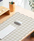 Scalloped Beige Checkered Gingham Desk Pad Large Mouse Pad For Keyboard And Computer, Cozy Cottagecore Vibe Vintage Rustic Aesthetic Office Mat, 31 By 15.7 Inches, under white keyboard and mouse on desk