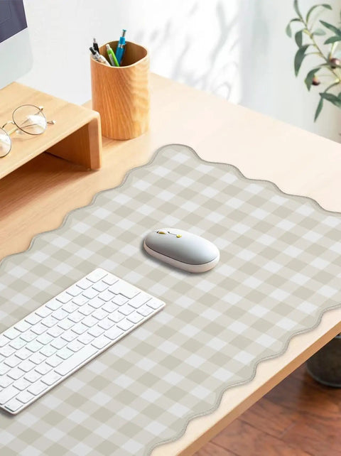 Scalloped Beige Checkered Gingham Desk Pad Large Mouse Pad For Keyboard And Computer, Cozy Cottagecore Vibe Vintage Rustic Aesthetic Office Mat, 31 By 15.7 Inches, under white keyboard and mouse on desk