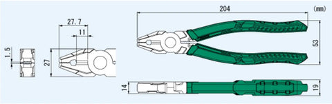 Beefed Up Heavy Duty Multi Function Gripping Pliers And Screw Extractors For Damaged Screws With Non Slip Jaws For Quick Removal Made In Japan PZ 59 Neji Saurus RX dimensions and side view