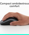 Hand gripping compact mouse part of the MK270 Wireless Keyboard And Mouse Combo For Windows Two Point Four GHz USB Receiver
