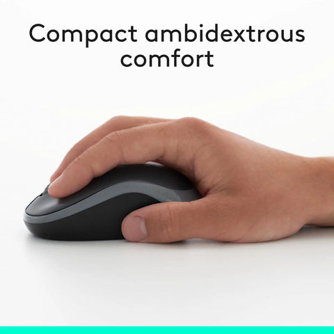 Hand gripping compact mouse part of the MK270 Wireless Keyboard And Mouse Combo For Windows Two Point Four GHz USB Receiver