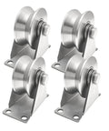 Rock Solid 304 Stainless Steel V Groove Plate Casters Heavy Duty Sliding Gate Track Rollers with double ball bearings, 3 inch wheels.