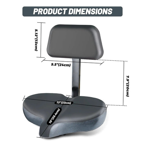 Oversized Bike Seat With Backrest For Maximum Comfort On Long Rides Wide Bicycle Saddle Replacement For Tricycle Electric Commuter And Stationary Bikes Soft Thick Foam Padding Waterproof Adjustable, dimensions shown 13 x 10.5 x 4 in