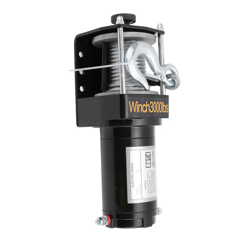 Durable 12V Electric Winch Kit With 3000lbs Load Bearing Power For Heavy Duty Towing And Off Road Rescue Jobs On Jeeps Trucks And Atvs Using Strong 1KW Motor And Smooth Planetary Gear Transmission unit with steel cable and hook.