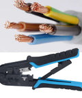 Ratcheting Crimping Tool Kit For Cat5 Ethernet With 8P And 6P Heads Easy Shear Blade Blue Black Finish Secure Cable Connections Pro Grade Pass Through