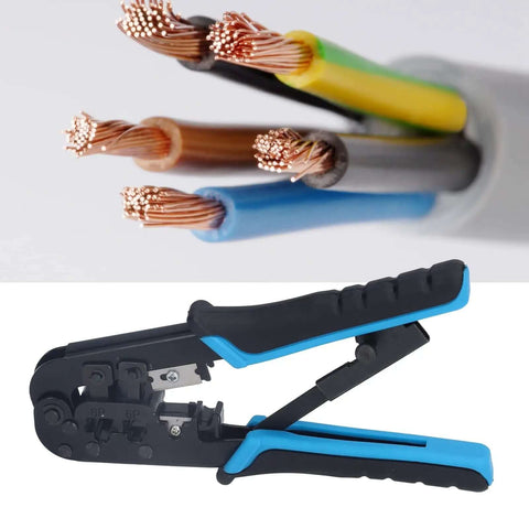 Ratcheting Crimping Tool Kit For Cat5 Ethernet With 8P And 6P Heads Easy Shear Blade Blue Black Finish Secure Cable Connections Pro Grade Pass Through