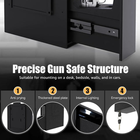 Quick Draw Concealed Handgun Safe With Smooth Slider Design And Hidden Fingerprint Lock For Nightstand Or Wall Mounting Featuring Lightning Fast One Second Unlock Plus No Sweat Pin Code Setup showing anti-prying feature and thickened steel plate.