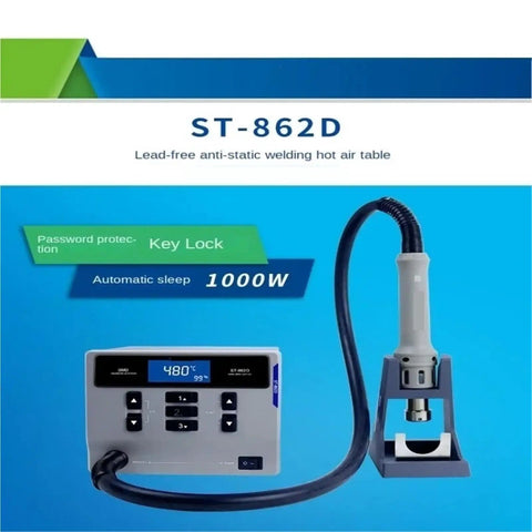 High-Power 1000W Hot Air Soldering Station With 100 to 480 C Range, 120 L Min Airflow, Brushless Fan, Lead-Free Soldering, with digital display.