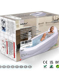 Portable Bath Tub For Adults With Backrest, 65 by 34 by 28 Inches, foldable spa bath tub in packaging, shows woman relaxing inside.