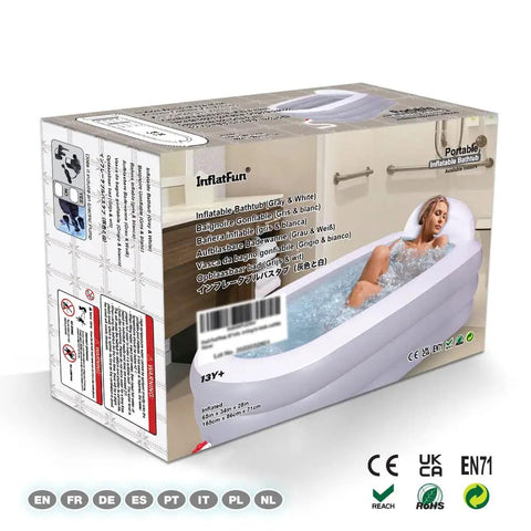 Portable Bath Tub For Adults With Backrest, 65 by 34 by 28 Inches, foldable spa bath tub in packaging, shows woman relaxing inside.