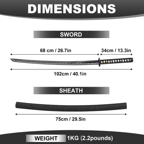 Dimensions of Hand Forged Steel Samurai Sword With Clay Tempered Blade Unsharpened Practice Katana Beefy Full Tang shown