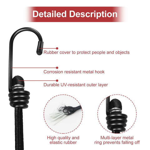 Detailed close-up of Beefed Up 12 Inch Bungee Cords With Hooks showing metal hook, rubber coating, and UV-resistant layer features.