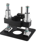 Rock Solid Aluminum Router Lift System For Dead Nuts Height Adjustment And Top Shelf Woodworking Control With Spot On Precision Above Table Setup For Tenoning Grooving Trim Black, close-up of the lift mechanism and base.