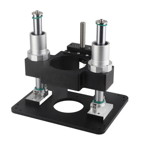 Rock Solid Aluminum Router Lift System For Dead Nuts Height Adjustment And Top Shelf Woodworking Control With Spot On Precision Above Table Setup For Tenoning Grooving Trim Black, close-up of the lift mechanism and base.