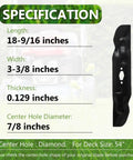 Side view of a heavy duty replacement blade from Ultra High Lift Bagging Blade Set For 54 Inch Zero Turn Mowers with specifications displayed