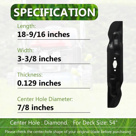Side view of a heavy duty replacement blade from Ultra High Lift Bagging Blade Set For 54 Inch Zero Turn Mowers with specifications displayed
