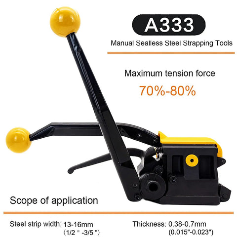 Heavy Duty Steel Strapping Tool A333 Stainless Manual Banding Machine with tension levers and application details