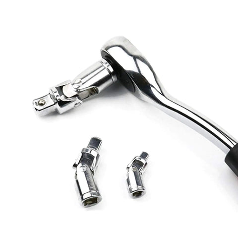 Heavy Duty Universal Joint Set With Flexible Ratchet Extension Bars In Quarter Inch Three Eighth And Half Inch Drive Chrome Vanadium Steel showing joint sockets and ratchet handle.