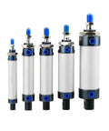 Five ZZAYGESY mini pneumatic double-acting air cylinders with aluminum alloy bodies and blue fittings