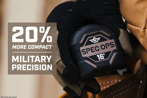 Pro Grade Tape Measure With One And One Eighth Inch Double Sided Blade Military Grade MIL X Coated Case held in gloved hand