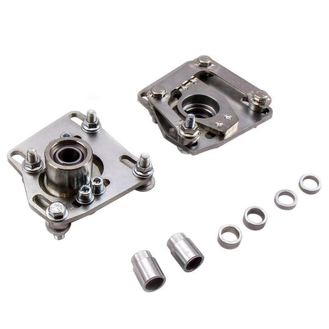 Adjustable Front Upper Camber Plates Set For Ford Mustang 1994-2004 V6 V8 GT 2-Piece Silver Mounts visible with hardware.