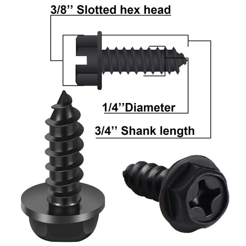 Diagram of 50 Piece Black License Plate Screws And Frame Fasteners Kit For Easy No Fuss Mounting Of Plates Frames And Covers Durable Steel Construction For Cars And Trucks showing size details.