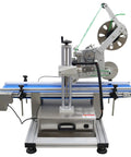 Top Shelf Automatic Desktop Conveyor Labeling Machine Engineered For Zero Stress Workflows On Cosmetics Food And Containers with blue conveyor belt.