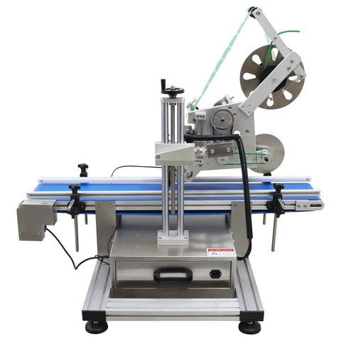 Top Shelf Automatic Desktop Conveyor Labeling Machine Engineered For Zero Stress Workflows On Cosmetics Food And Containers with blue conveyor belt.