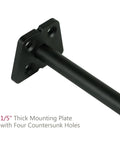 Close-up view of eight pack six inch hidden floating shelf brackets heavy duty invisible wall bracket supports black powder coated solid steel, featuring a thick mounting plate with four countersunk holes.