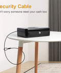 Locking Cash Box With Money Tray And Security Cable, Heavy Duty Metal Safe for tips shown secured on a white round table