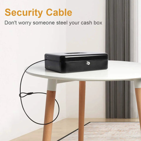 Locking Cash Box With Money Tray And Security Cable, Heavy Duty Metal Safe for tips shown secured on a white round table