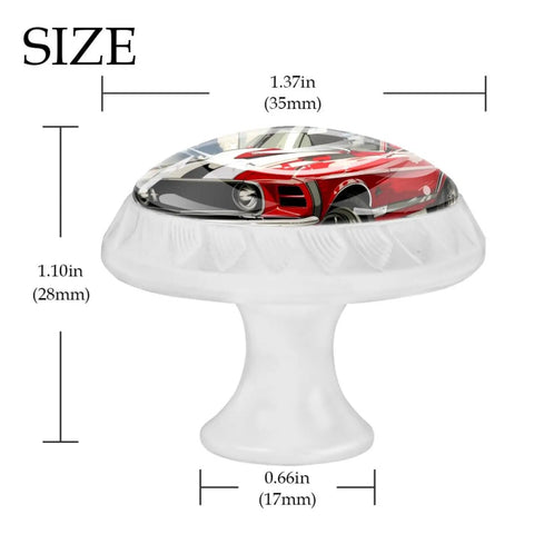 Vintage Racing Car Pattern Glass Cabinet Knob Set Four Pack Round Glass Drawer Pulls For Kitchen Wardrobe Cupboard Closet Durable Crystal Handles Mushroom Design Smooth Edges Safe For Kids Easy Install, side view with size dimensions.