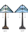 Blue Tiffany Style Mission Stained Glass Table Lamp For Reading And Work Vibe Decor, 20 Inch Wide By 22.5 Inch Tall, lights on/off